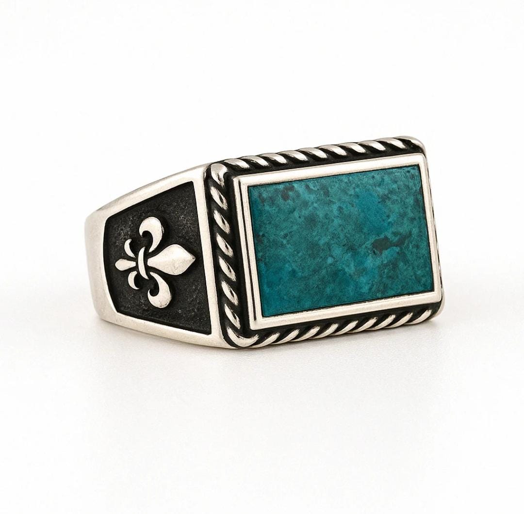 Anillo Flor de Lys con Piedra Natural Crisocola