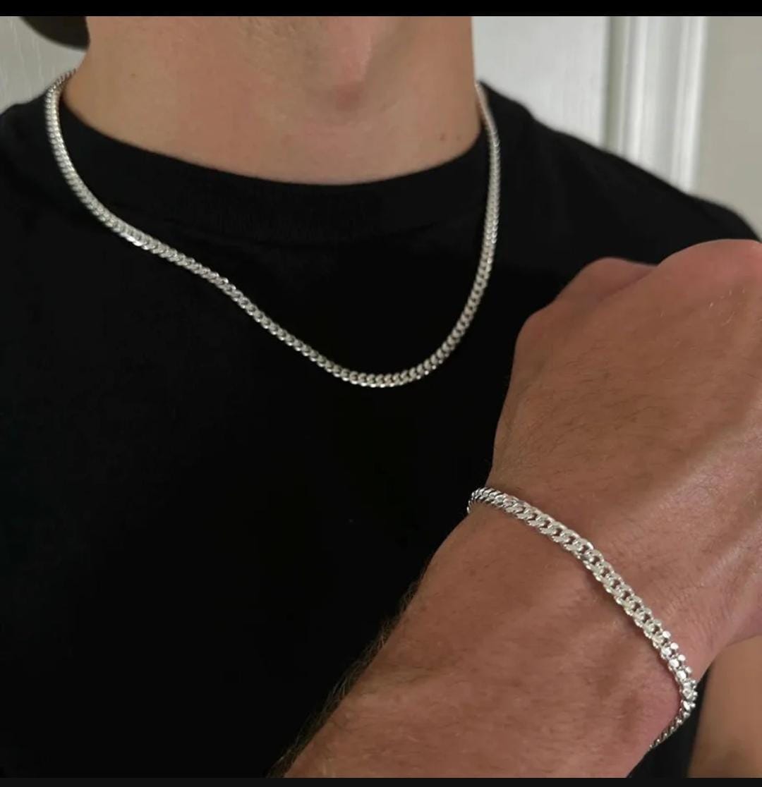 Cadena más Pulsera Eslabones Cubanos - Plata 950 4 mm