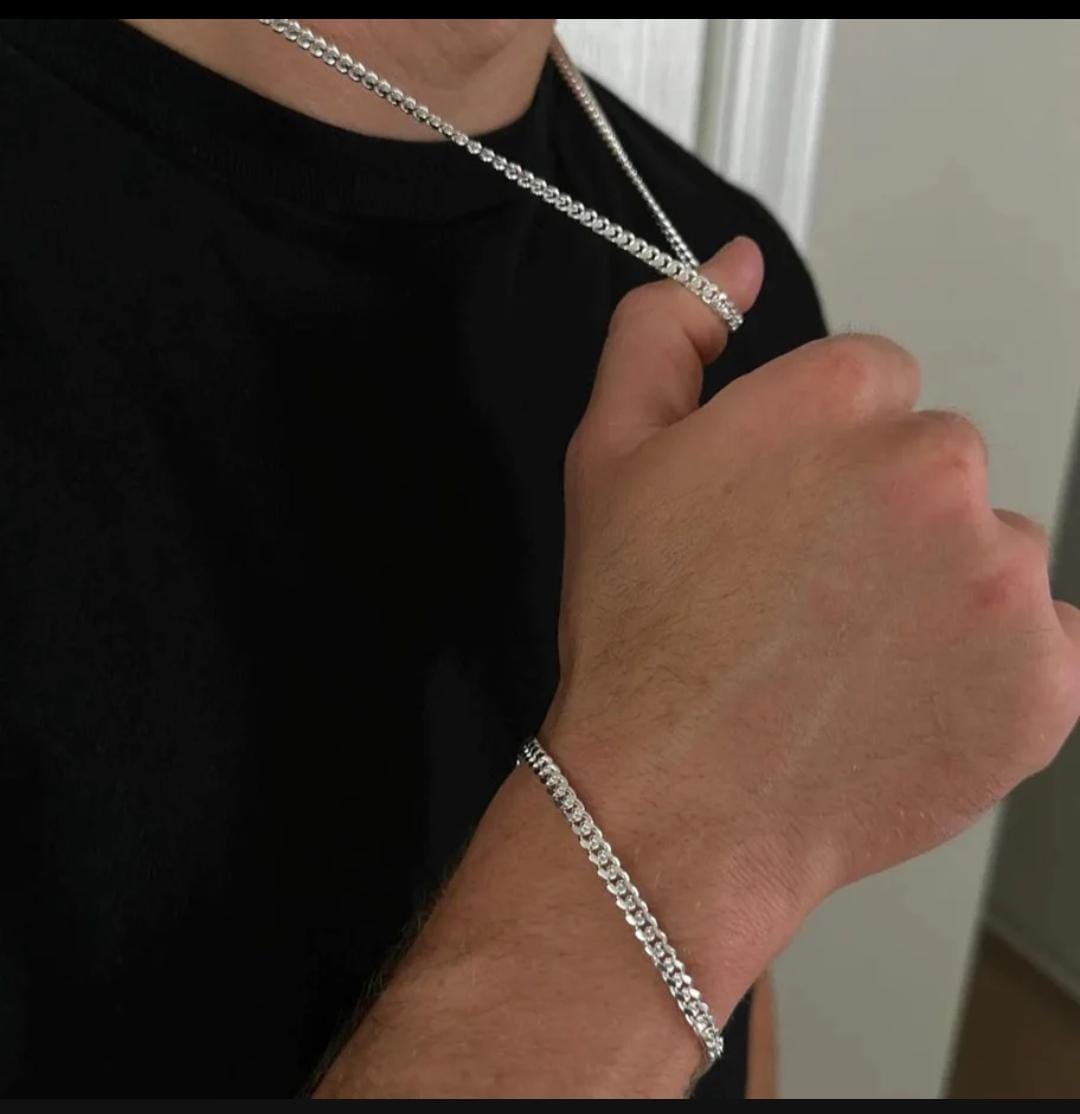 Cadena más Pulsera Eslabones Cubanos - Plata 950 4 mm